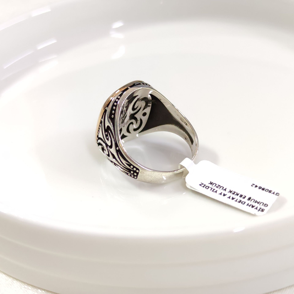 SİYAH DETAY AY YILDIZ GÜMÜŞ ERKEK YÜZÜK