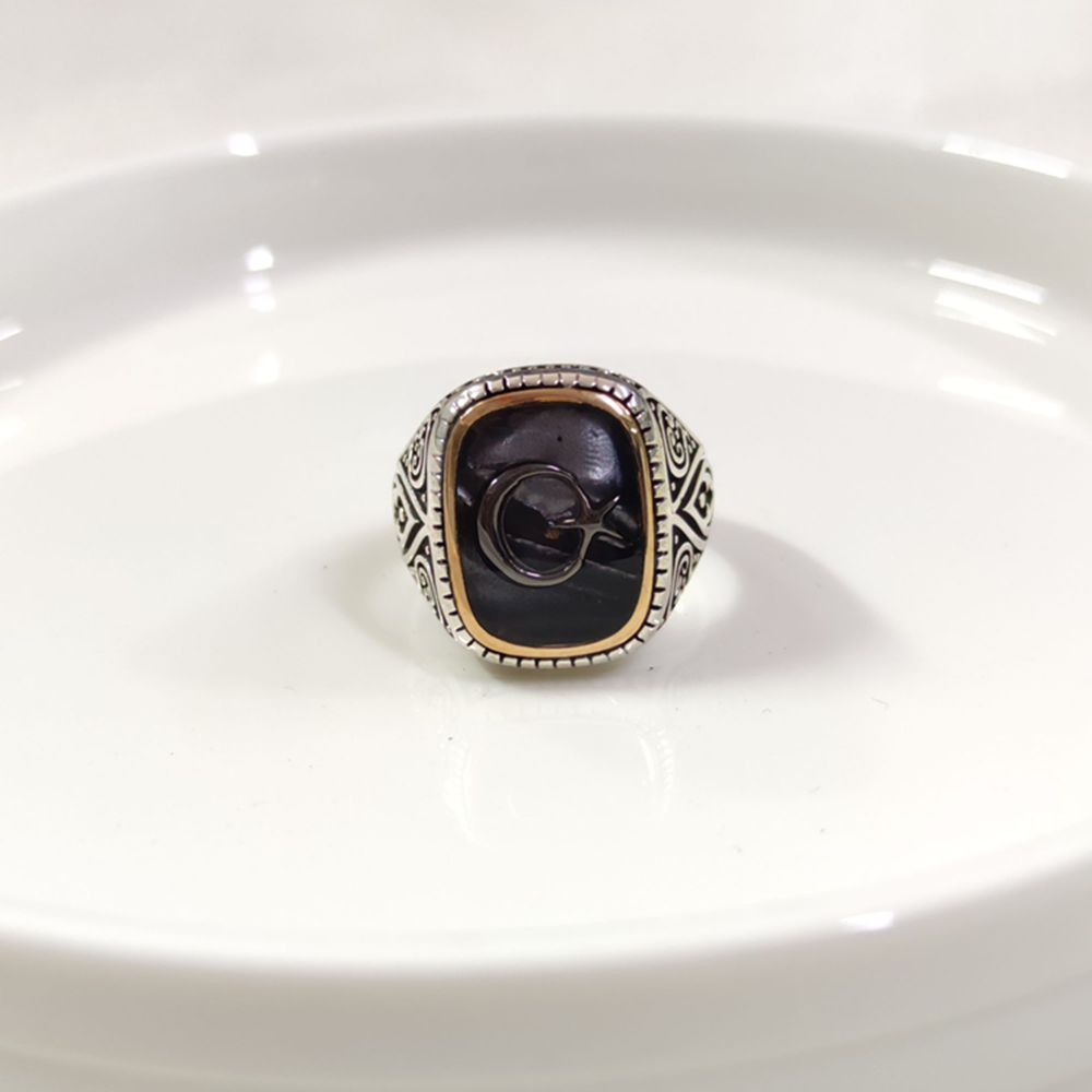 SİYAH DETAY AY YILDIZ GÜMÜŞ ERKEK YÜZÜK