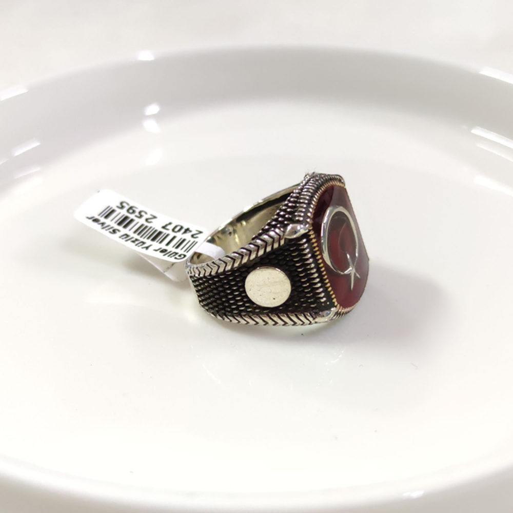 KIRMIZI DETAY AY YILDIZ GÜMÜŞ ERKEK YÜZÜK