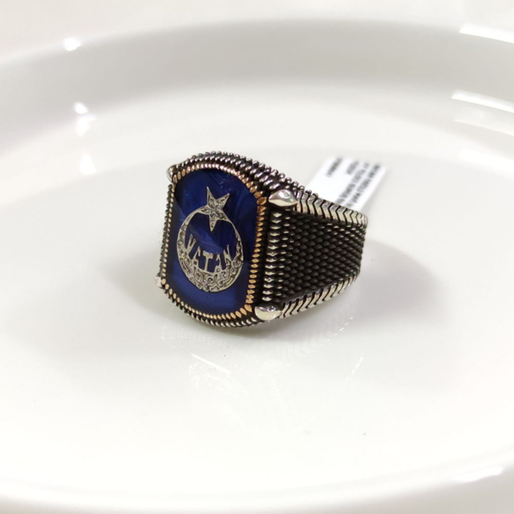 VATAN YAZILI MAVİ DETAY AY YILDIZ GÜMÜŞ ERKEK YÜZÜK