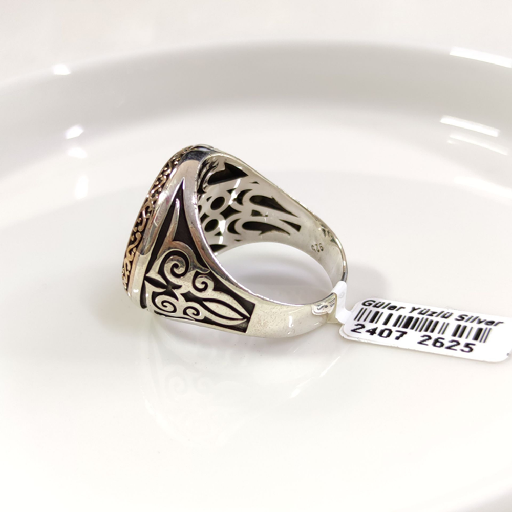 YUVARLAK SEDEF DETAY TUĞRA GÜMÜŞ ERKEK YÜZÜK