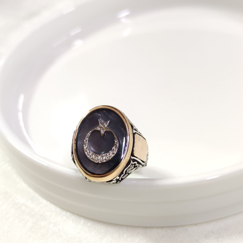 OVAL SİYAH DETAY AY YILDIZ GÜMÜŞ ERKEK YÜZÜK