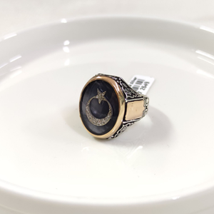 OVAL SİYAH DETAY AY YILDIZ GÜMÜŞ ERKEK YÜZÜK