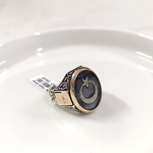 OVAL SİYAH DETAY AY YILDIZ GÜMÜŞ ERKEK YÜZÜK