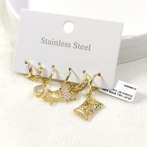 ÇELİK TAŞLI ŞEKER KÜPE KOMBİN SET GOLD
