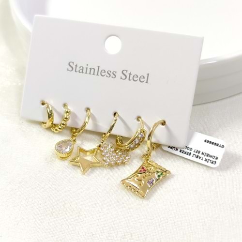 ÇELİK TAŞLI ŞEKER KÜPE KOMBİN SET GOLD