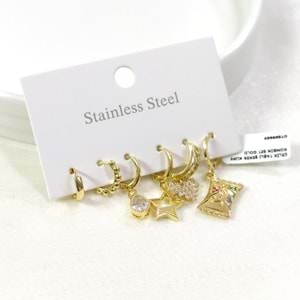 ÇELİK TAŞLI ŞEKER KÜPE KOMBİN SET GOLD