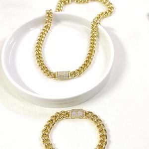 XUPING TAŞLI 8,5MM KUTU KİLİT KOLYE BİLEKLİK KOMBİN SET GOLD