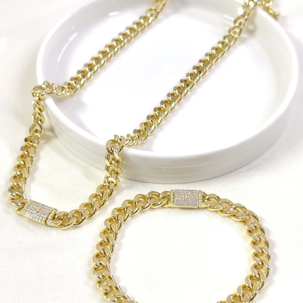 XUPING TAŞLI 9,20 MM KUTU KİLİT KOLYE BİLEKLİK KOMBİN SET GOLD