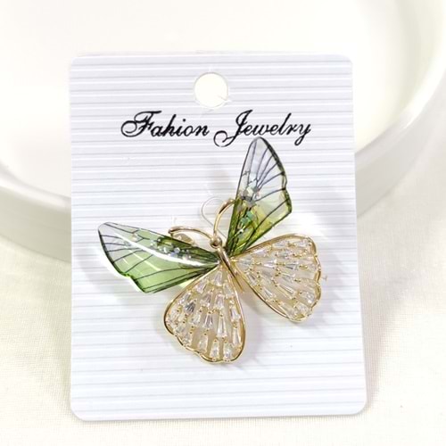 GOLD TAŞLI YEŞİL KELEBEK BROŞ 3,5 CM