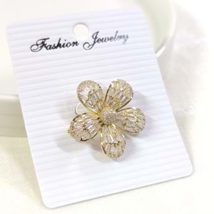 BAGET TAŞLI BOMBELİ ÇİÇEK BROŞ 3 CM - ALTIN SARI