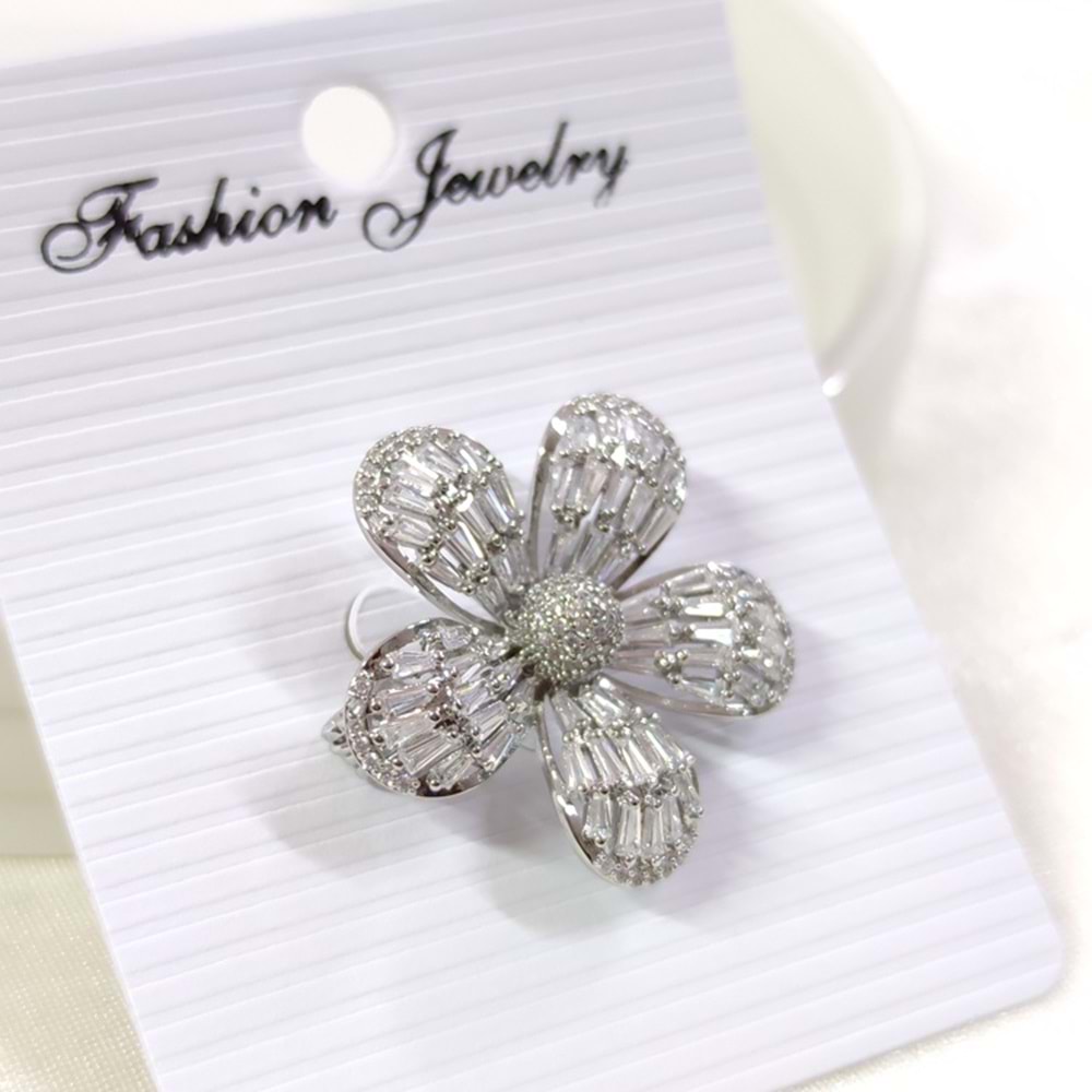 BAGET TAŞLI BOMBELİ ÇİÇEK BROŞ 3 CM - BEYAZ