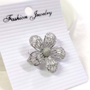 BAGET TAŞLI BOMBELİ ÇİÇEK BROŞ 3 CM - BEYAZ