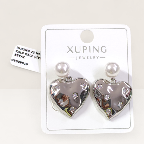 XUPING 25 MM İNCİLİ KALP KALP ÇİVİ KÜPE BEYAZ