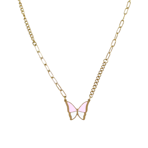 ÇELİK PEMBE KELEBEK KOMBİN KOLYE 40+5 CM GOLD