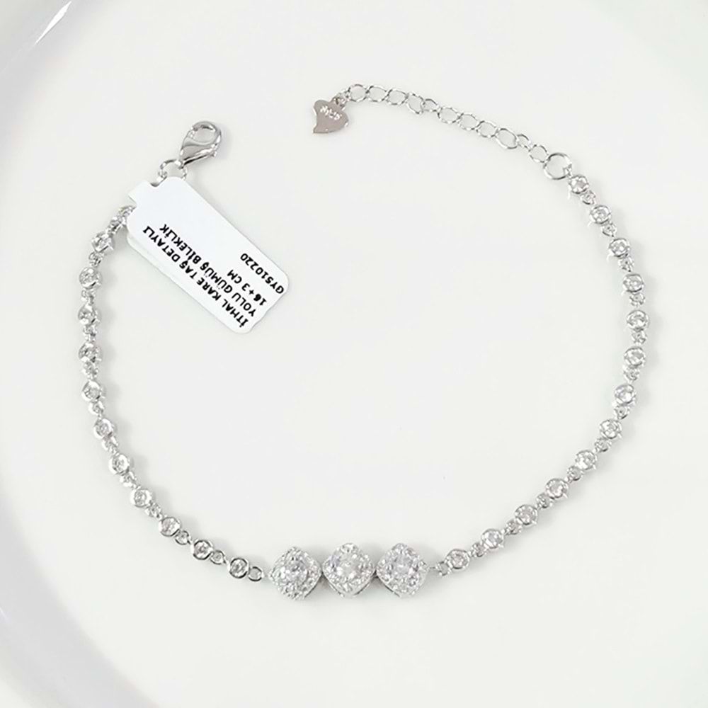 İTHAL KARE TAŞ DETAYLI YOLU GÜMÜŞ BİLEKLİK 16+3 CM