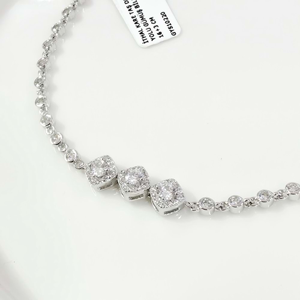 İTHAL KARE TAŞ DETAYLI YOLU GÜMÜŞ BİLEKLİK 16+3 CM