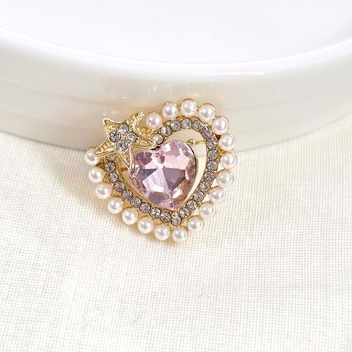 2 CM PEMBE İNCİ KALP BROŞ GOLD